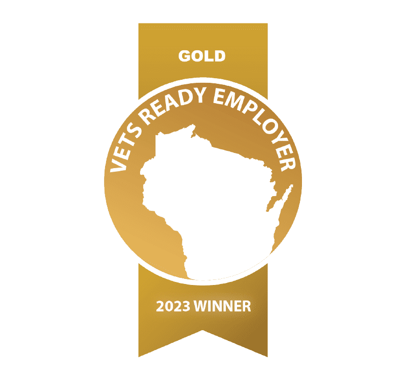 Gold ribbon that says "Vet Ready Employer 2023 Winner"