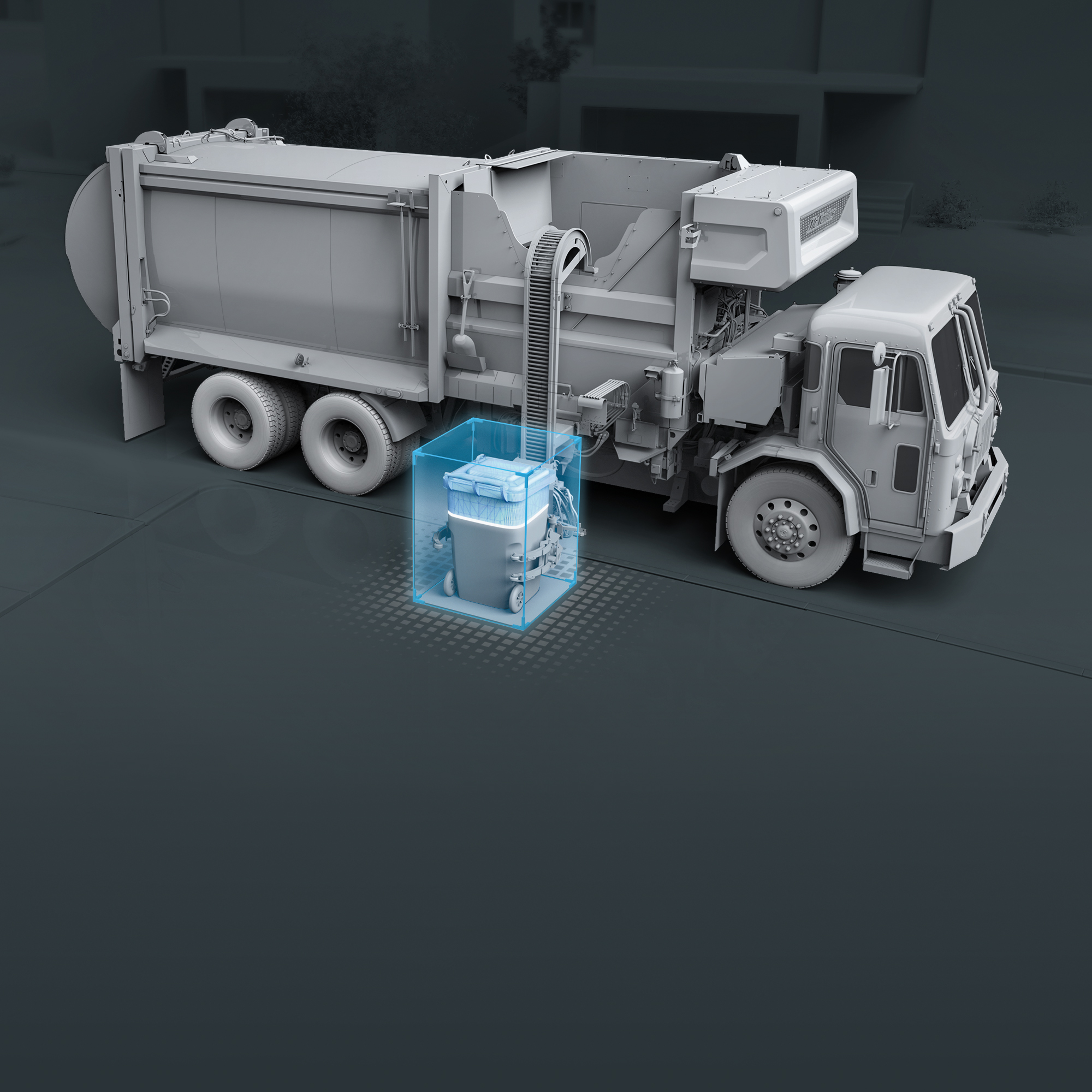 Dark graphic of electric refuse truck picking up a garbage can