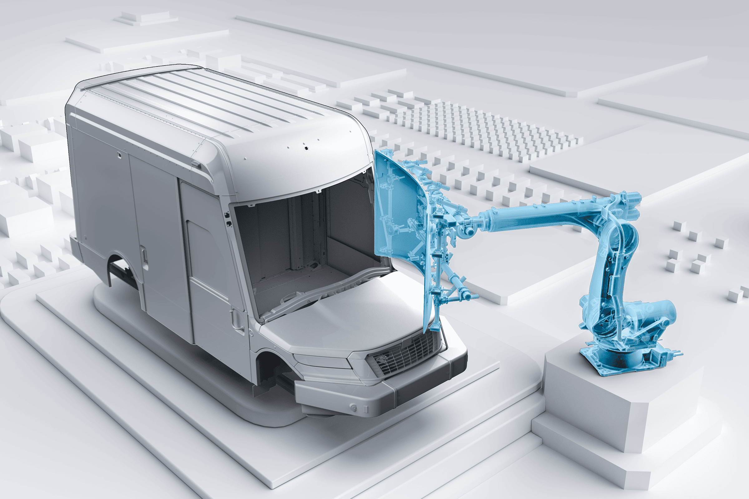 Light-toned graphic of an industrial design rendering exemplifying digital manufacturing