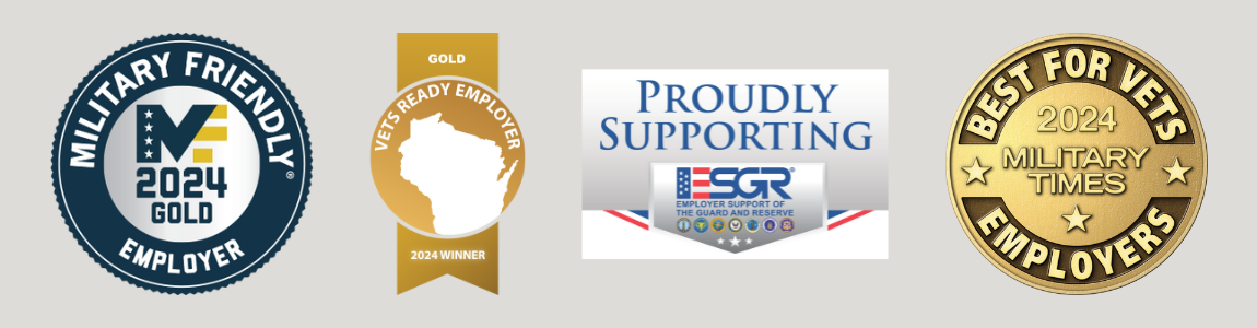 Light aluminum colored background with four veteran focused awards