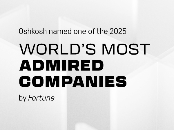 Compact graphic featuring the text 'Oshkosh named one of the 2025 WORLD’S MOST ADMIRED COMPANIES by Fortune' on a light geometric background.