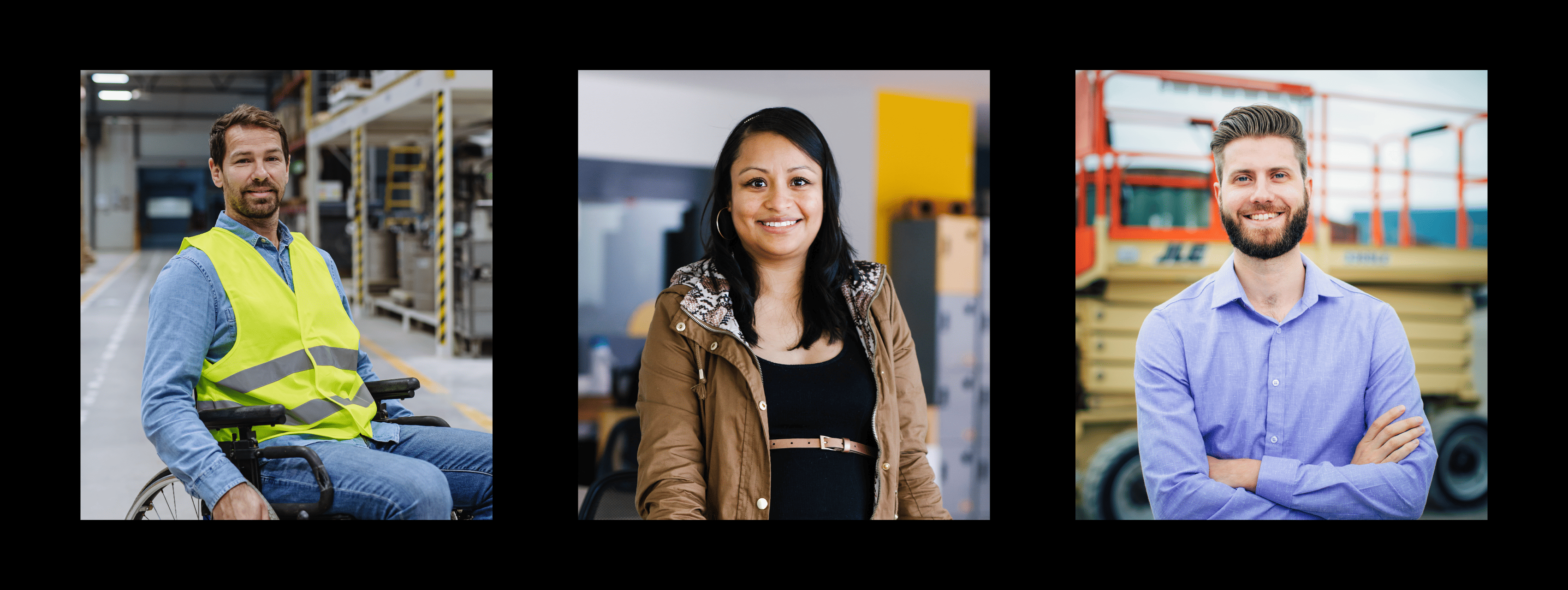 Three images of three different people with a black background