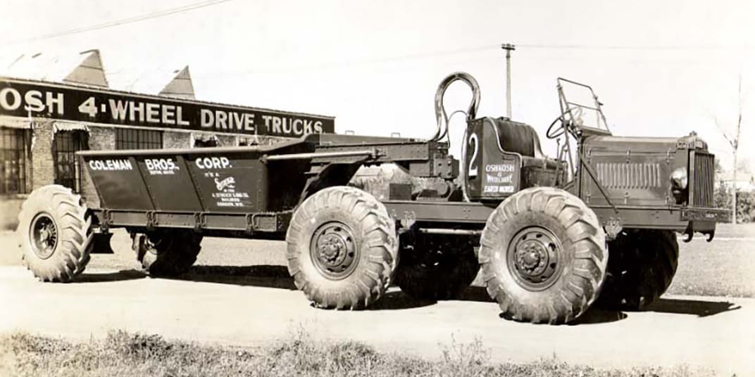 Historical image of the Oshkosh four-wheel-drive Model TR truck back in 1933