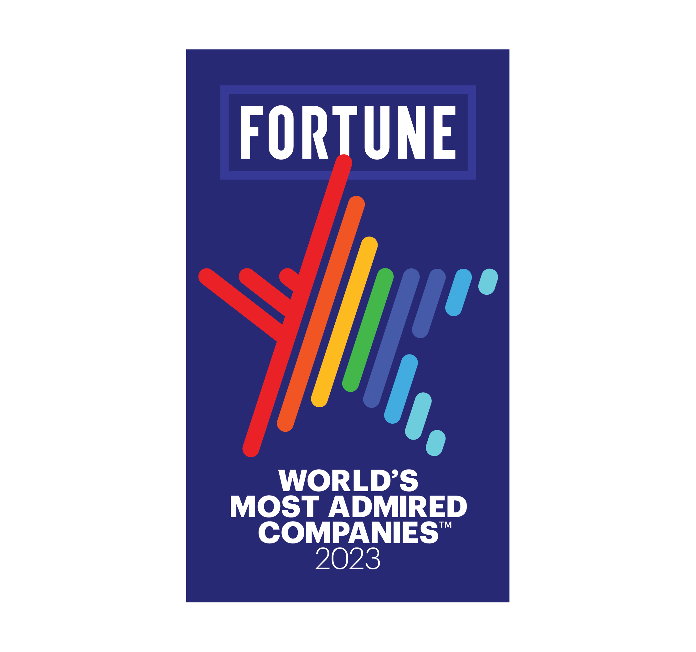 Blue background with rainbow star award graphic that reads Fortune Worlds Most Admired Companies 2023
