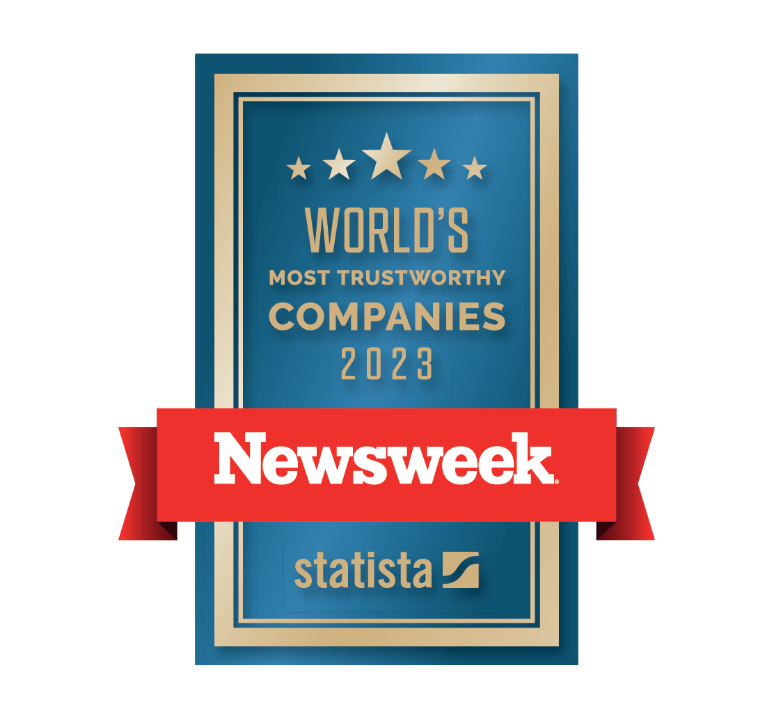 Blue and red 2023 Newsweek World's Most Trustworthy Companies award logo