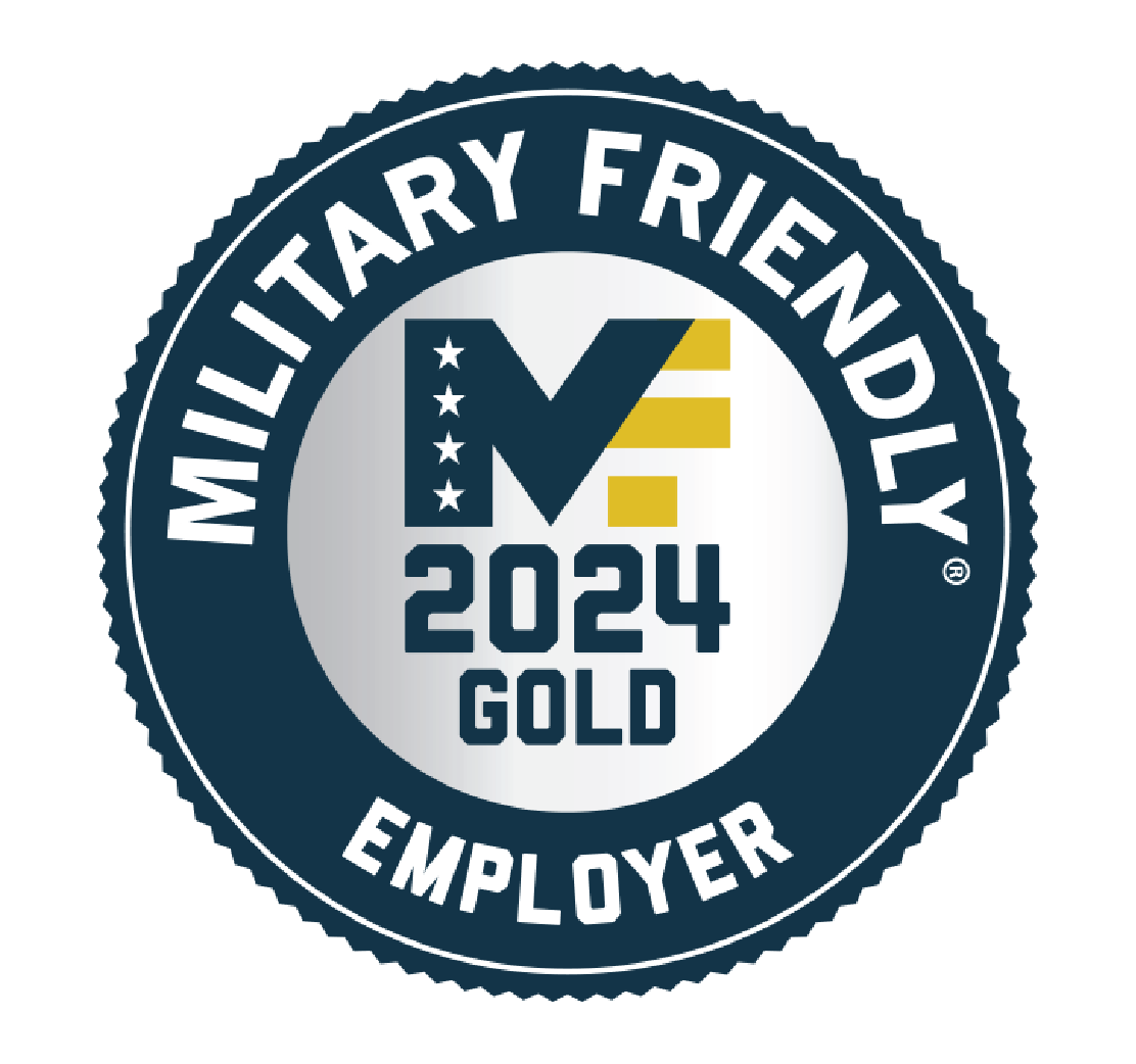 Dark blue and white Military Friendly Gold Employer 2024 award logo