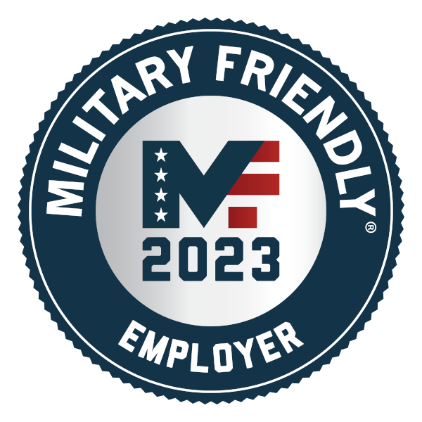 Blue and silver award logo that reads Military Friendly Employer 2023
