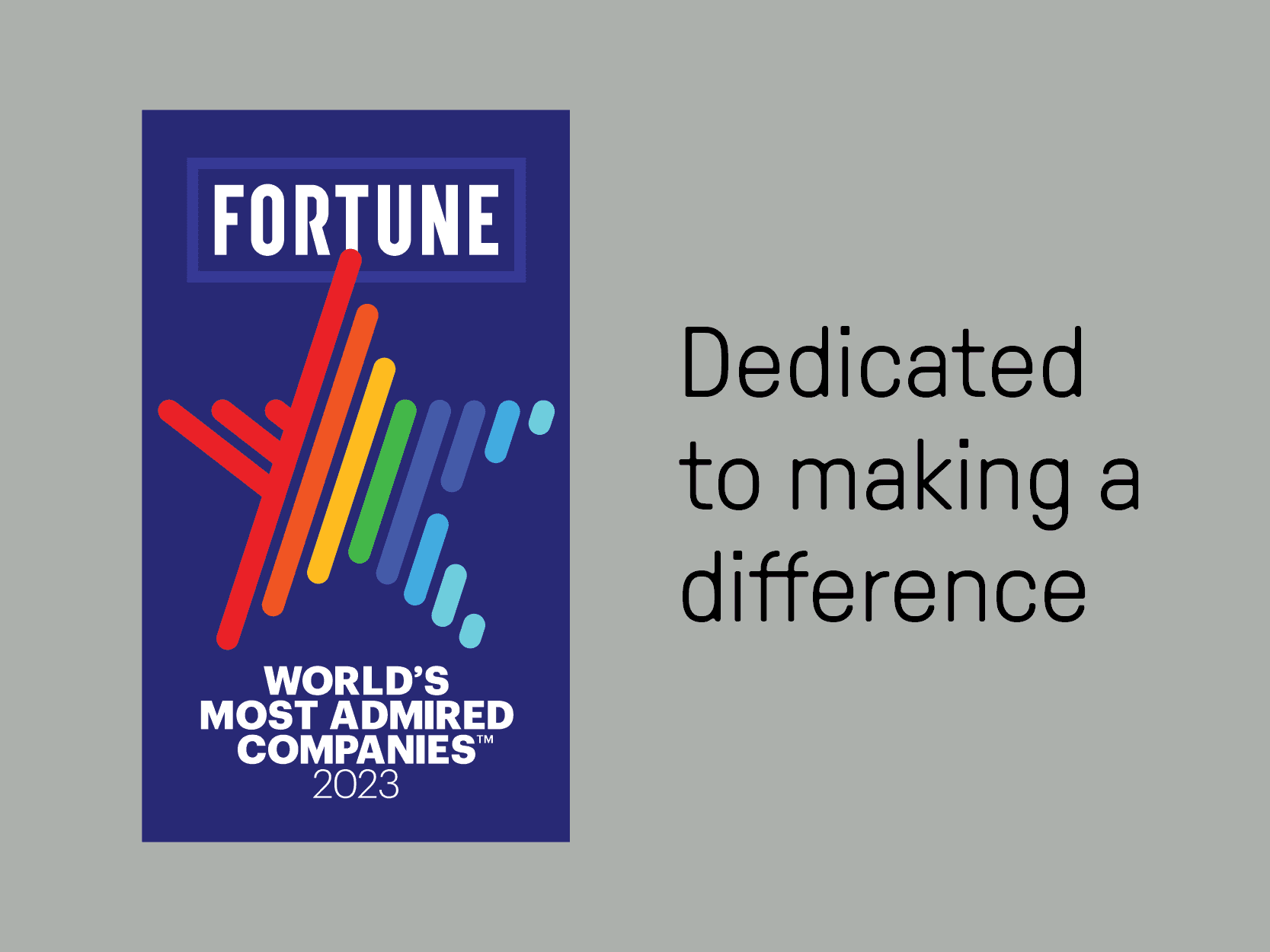 Blue Fortune Worlds Most Admired Companies 2023 logo on a grey background with black text that reads Dedicated to making a difference
