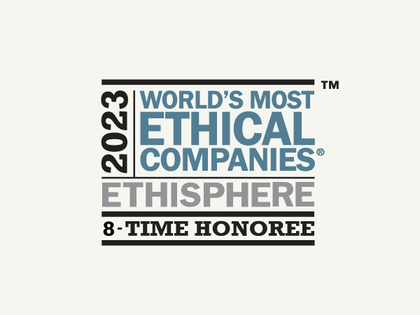 Cream background with 2023 World's Most Ethical Companies by Ethisphere 8-time honoree award logo