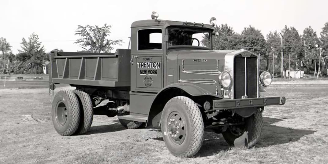 Black and white image of Oshkosh Model FB truck