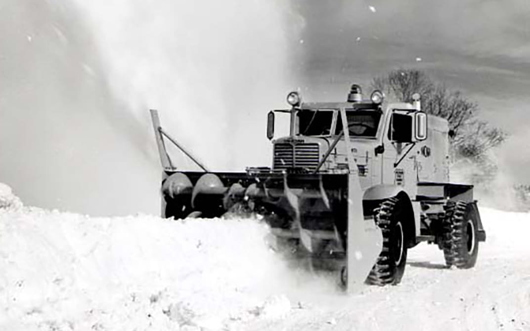Black and white image of the Oshkosh W-Series snow truck
