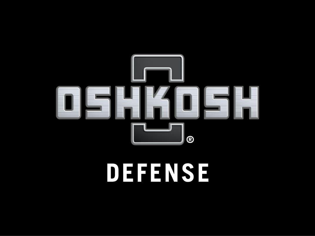 Black background with chrome Oshkosh Defense logo
