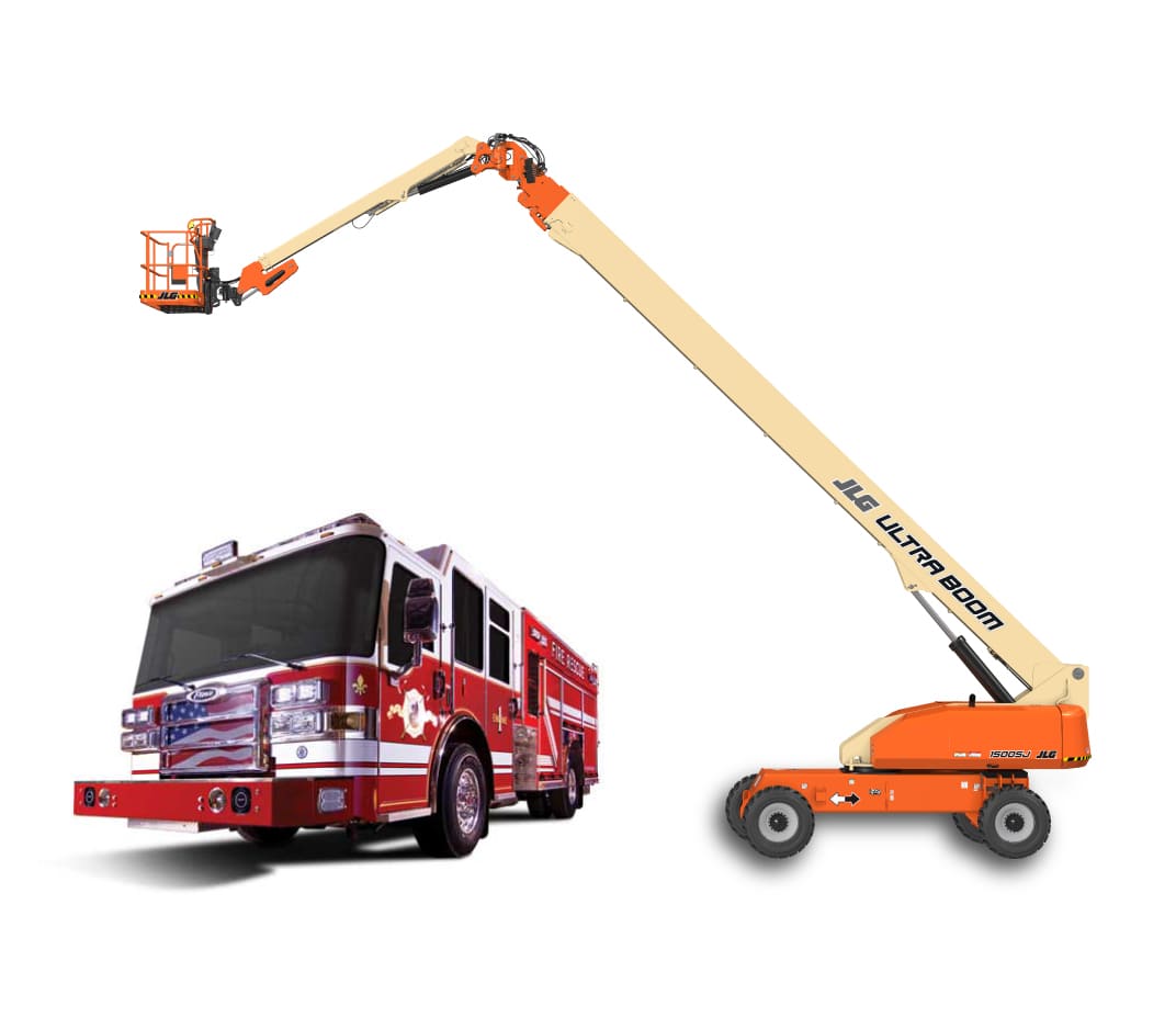 White background with a red Pierce firetruck and a cream and orange JLG boom lift 