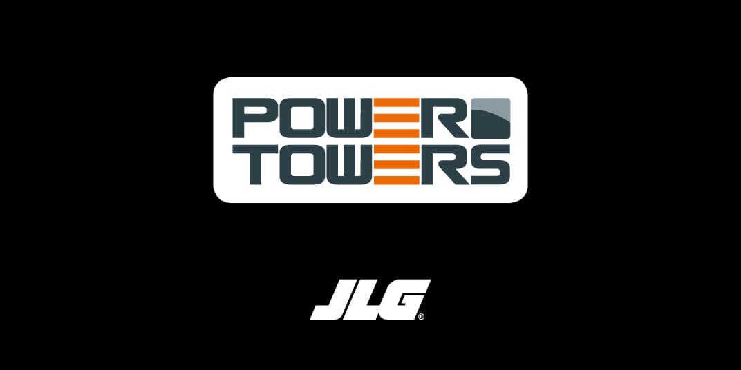 Black background with white Power Towers and JLG logos