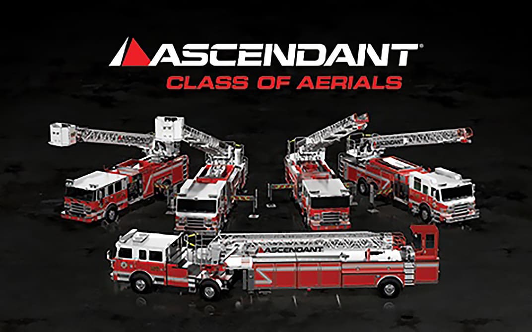 Black background with five red and white variants of the Pierce Ascendant Class of Aerials
