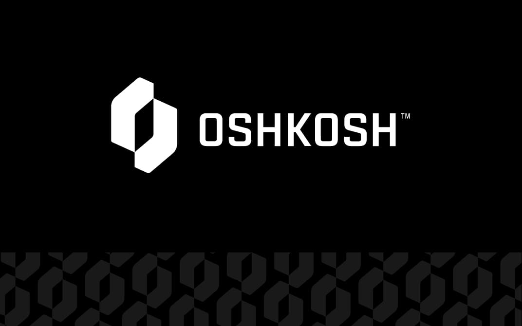 Black background with white Oshkosh logo and black O logo pattern