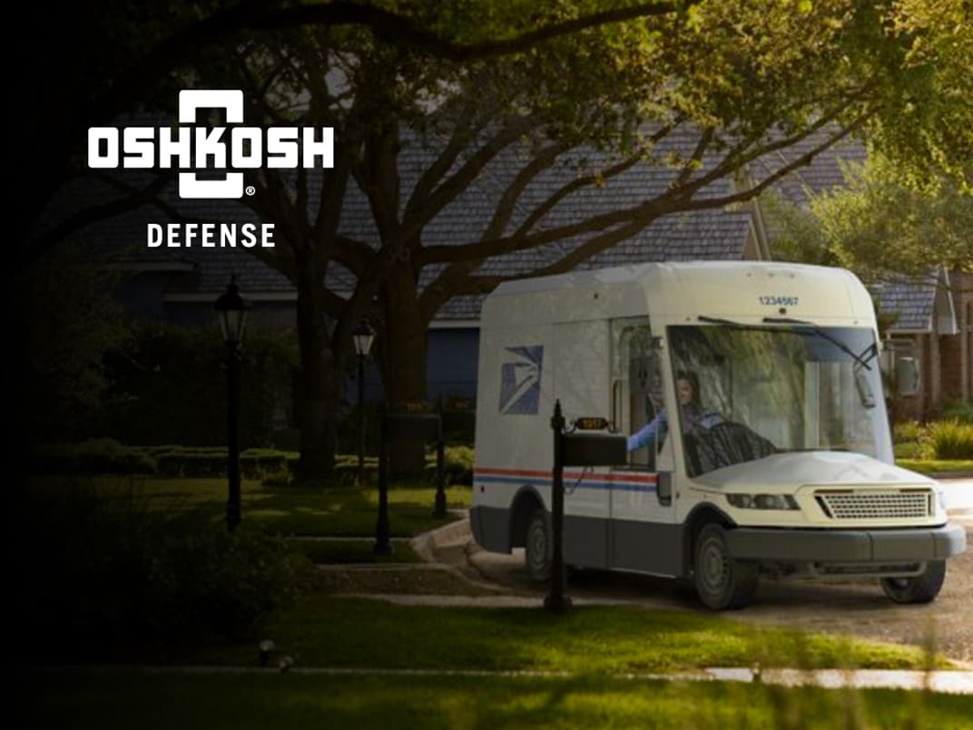 USPS Next Generation Delivery Vehicle with black overlay and white Oshkosh Defense logo