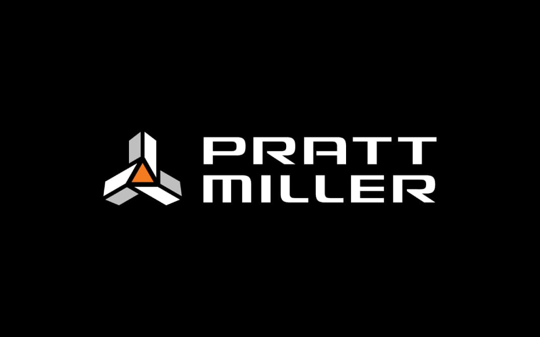 Black background with white and orange Pratt Miller logo