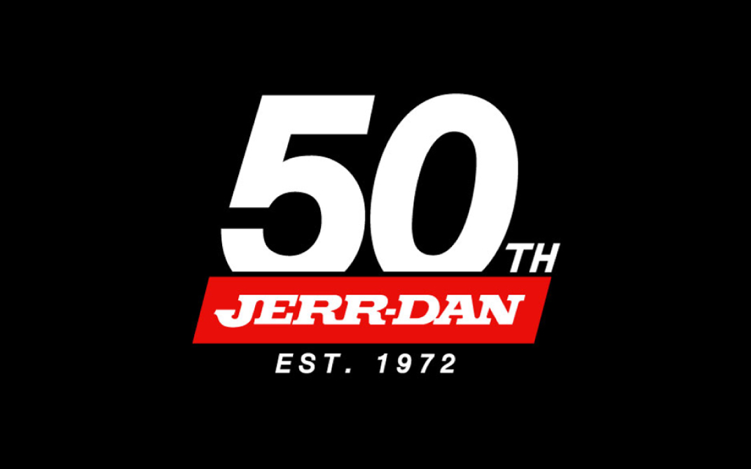 Black background with white and red Jerr-Dan 50th celebration logo
